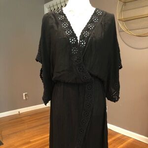 🌻 Black Kimono Eyelet Faux Wrap Dress